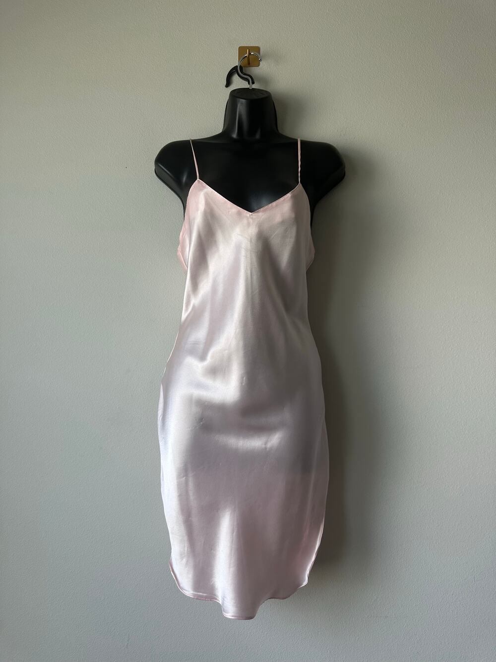 Vintage 90s  Pink Satin Slip Dress Midi Spaghetti Strap Side Slit Lingerie M